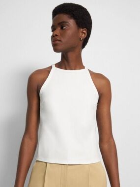 Theory Cropped Halter Tank Precision Ponte White Stretch Top Small